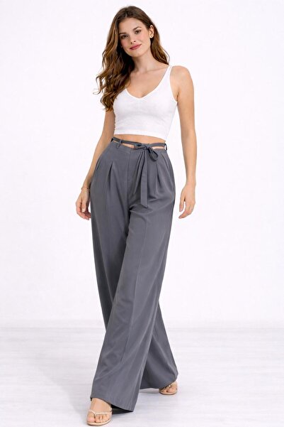 LAVRE Women's High Waist Stretch Fabric Dabıl Fabric Palazzo Pants - Tie Detail