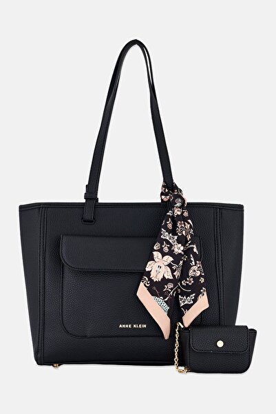 Anne Klein Women Brand Logo Shoulder Bag With Coin Pouch And Scarf, Black