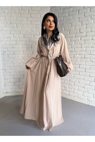 moneta boutique Women's Balloon Sleeve Long Tencel Fabric Dress with Scarf