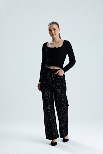 de zuzuu fashion Women's Black Color Shiny Stone Special Design Jean Denim Pants