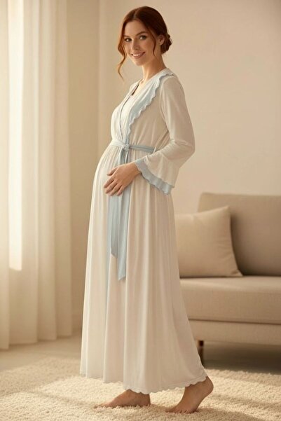Pelin Women's Blue Ruffled 2-Piece Maternity Nightgown and Dressing Gown Set