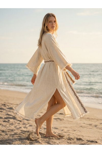 DNRYSL Handmade Süzene Embroidered Beach Kaftan, 60% Linen 40% Cotton , Breathable and Quick-Drying Fabrics