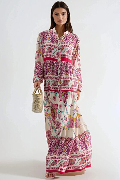 Hiccup Patterned V-Neck, Buttoned Maxi Dress