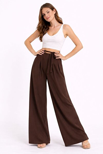 LAVRE Women's High Waist Stretch Fabric Dabıl Fabric Palazzo Pants - Tie Detail