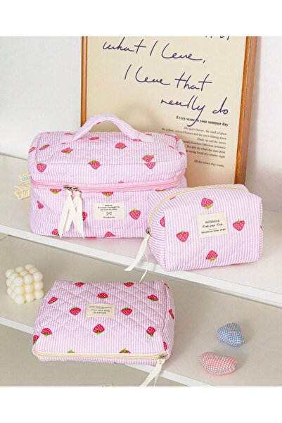 Burroe Atalier Pink Quilted Strawberry Patterned Makeup Bag Si Set