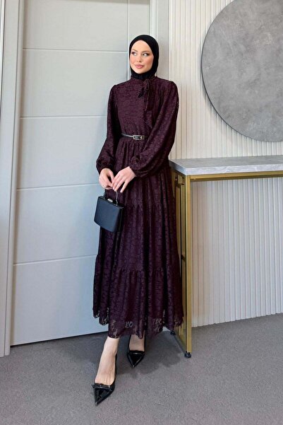 Hazamoda Kıvılcım Lace Dress Plum