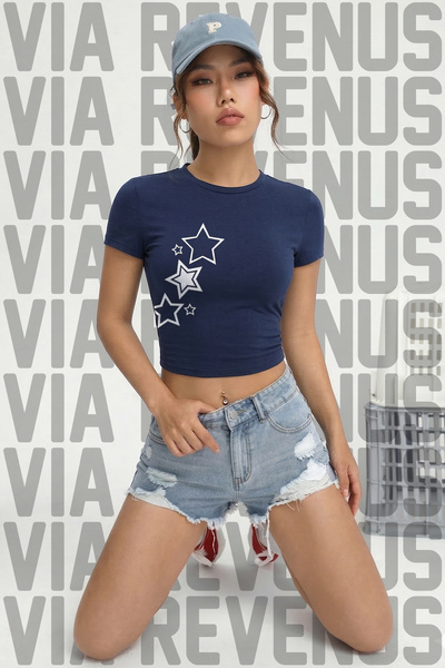 Vordevia Yıldız Printed 100% Cotton Stretch Fabric Slim Fit Short Sleeve Crew...