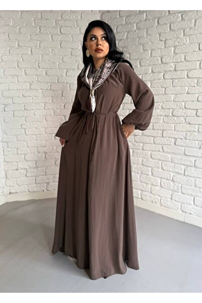 moneta boutique Women's Balloon Sleeve Long Tencel Fabric Dress with Scarf