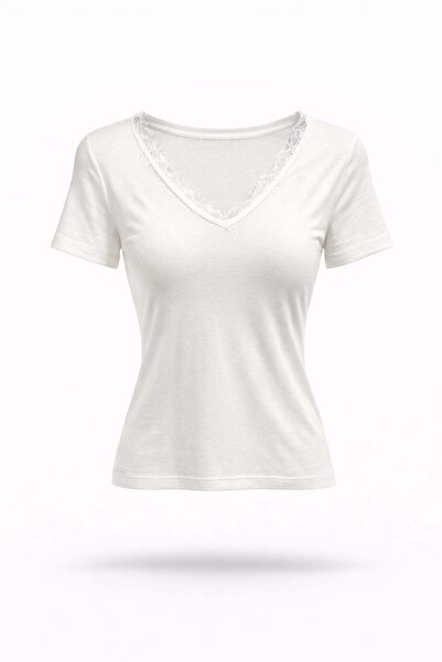 5in1Canpolat Εκρού μπλουζάκι με λαιμόκοψη V, σετ Δαντέλα τεμαχίων