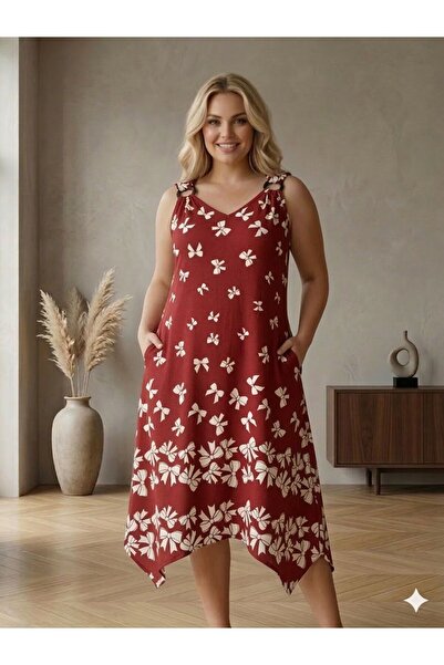 Vinola Plus Size Woven Viscose Yandan C Pocketed Relaxed Fit High Quality Dress