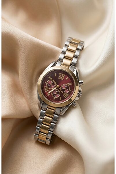 KLISHE Butik ساعة نسائية من الفولاذ باللون الذهبي والفضي بمينا أحمر داكن فاخر...