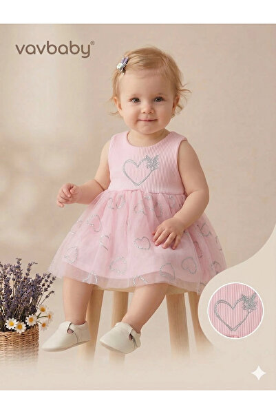 VaVbaby Baby Girl Heart Embroidered Tulle Detail Dress Pink