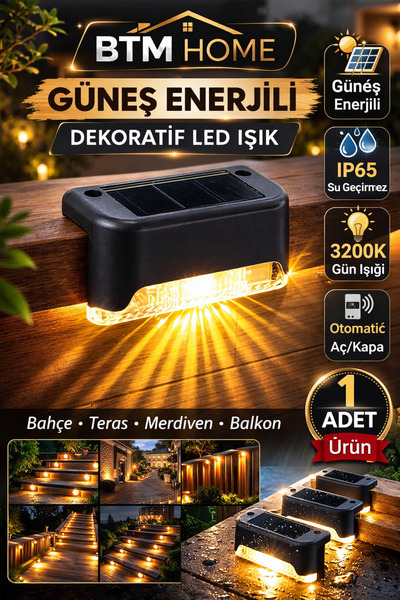 btm home Güneş Enerjili LED Duvar Apliği Sensörlü Bahçe Balkon Merdiven Işığı...