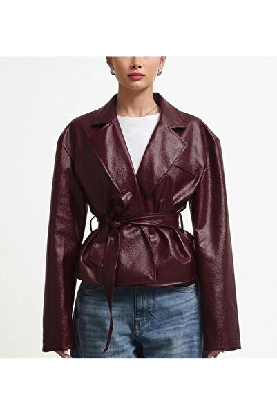 02Lady Fashion New Season Double-Breasted Belted Buttoned Leather Jacket
