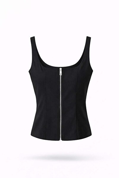 5in1Canpolat Bluză neagră cu decolteu pătrat fermoare 18200