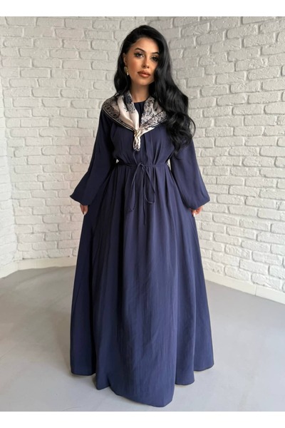 moneta boutique Women's Balloon Sleeve Long Tencel Fabric Dress with Scarf