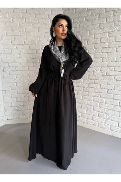 moneta boutique Women's Balloon Sleeve Long Tencel Fabric Dress with Scarf