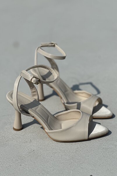 topuksarayı Rez Beige Satin Pearl Shiny Pointed Toe Ankle-Tie Stylish Heeled ...