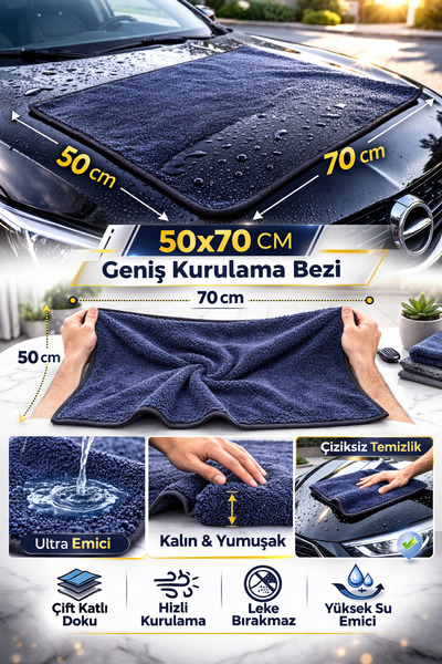 AutoFresh 50x70 cm Kirpi Bez Oto Kurulama Bezi Çift Kat Ultra Emici Mikrofibe...