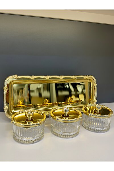 Vakıf home 3 lü Metal Tepsili Kapaklı Güllü Çerezlik Gold Sunumluk Takımı Kase