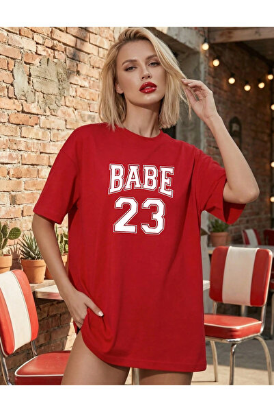 SUNFREE Babe 23 Printed Oversized Crew Neck Short Sleeve Red Combed Cotton Ts...