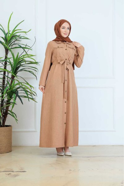 NURSİDA Sofia Linen Belted Buttoned Dress - Safari Style Pocketed Hijab Dress