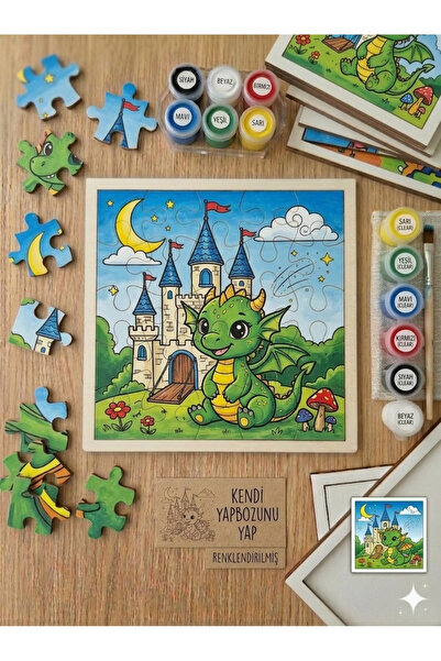 Hobiuniverse Dragon and Castle Educational and Fun Paintable Puzzle Wooden To...