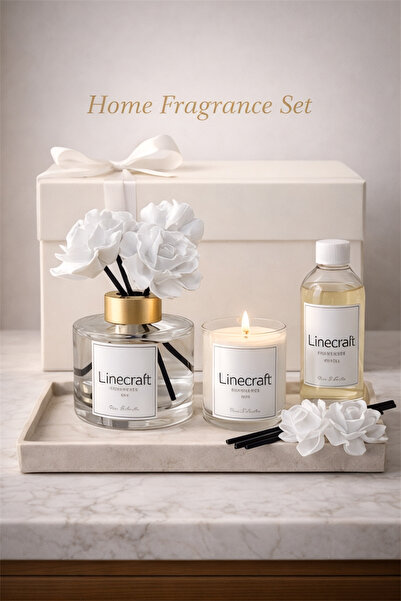 LİNECRAFT Dekoratif 3’lü Seramik Çiçek Taşlı Oda Kokusu Set Mum Ve Yedek Liki...