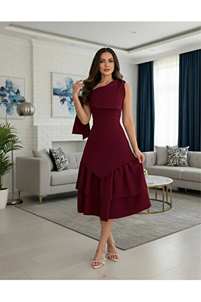 DVNA Burgundy layered midi dress with one shoulder , Crepe Barbie fabric by D...