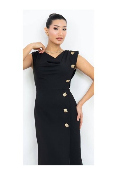 Dorne Moda Degaje Yaka Yırtmaçlı Midi Elbise