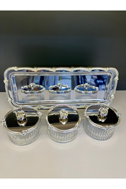 Vakıf home Metal 3 lü Gümüş Renk Kapaklı Tepsili Çerezlik ve Sunumluk Kase Ta...