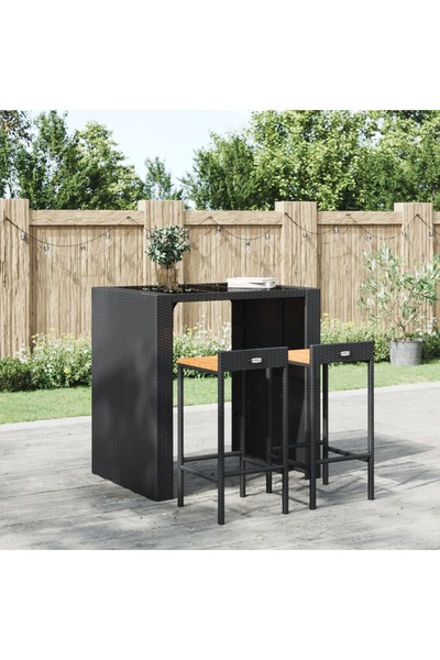 Concept Scaune de bar 2 buc negru, poliratan și lemn masiv acacia