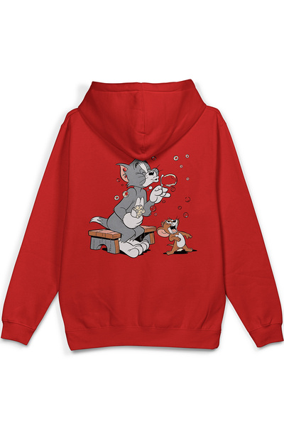 Overoz Cat Back Printed Hooded Half Oversized Sweatshirt Red Hoodie 1379