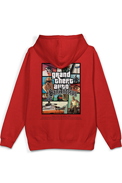 Overoz Gta San Andreas Sırt Printed Hooded Yarı Oversized Sweatshirt Red Hood...