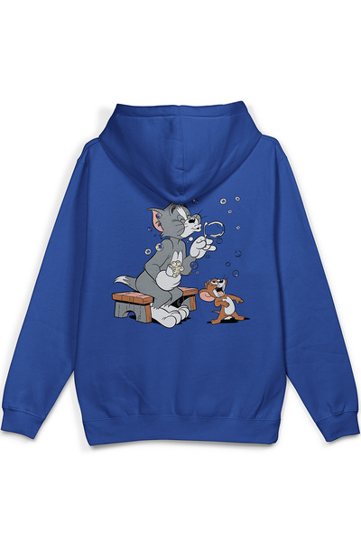 Overoz Cat Back Printed Hooded Half Oversized Sweatshirt Blue Hoodie 1379