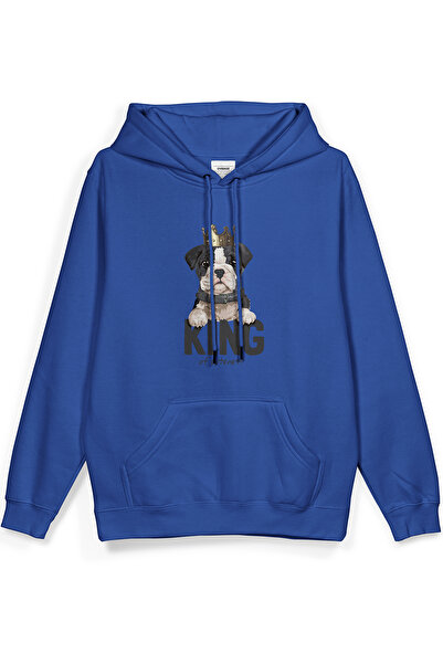 Overoz King Köpek Printed Hooded Half Oversized Sweatshirt Blue Hoodie 1033