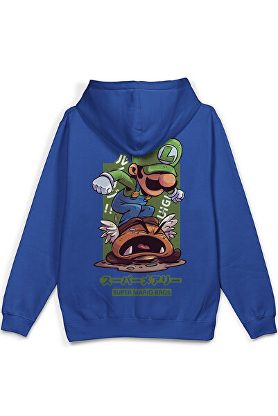 Overoz Super Sırt Printed Hooded Yarı Oversized Sweatshirt Blue Hoodie 1390
