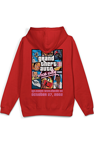 Overoz Gta Vice City Sırt Printed Hooded Yarı Oversized Sweatshirt Red Hoodie...