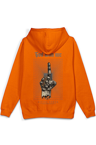 Overoz God with Me Sırt Printed Hooded Yarı Oversized Sweatshirt Orange Hoodi...
