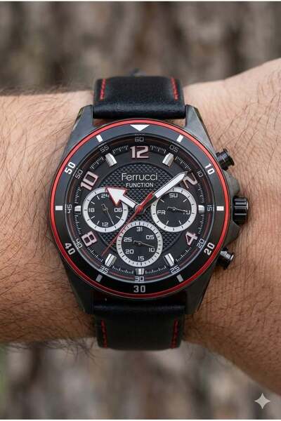 Ferrucci Black Round Case Men's Wristwatch |   44mm Steel Case, Black Leather...