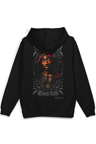 Overoz سويت شيرت TuPac 2pac Back مطبوع بغطاء رأس نصف أوفر سايز هودي أسود 1407