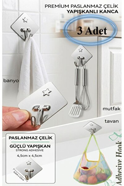 TARIK HOME 3’lü Askı Seti Paslanmaz Çelik Yıldız Figürlü Yapışkanlı -Mutfak B...