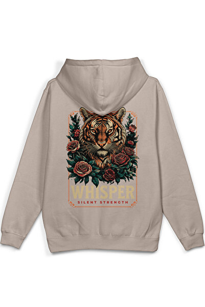 Overoz Whisper Kaplan Sırt Printed Hooded Half Oversized Sweatshirt Stone Col...