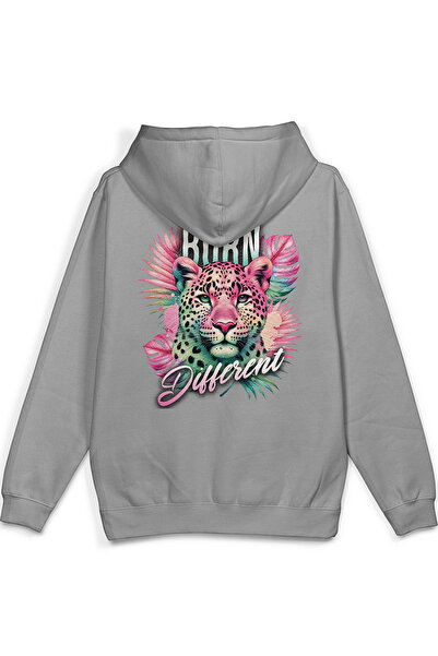 Overoz Born Different Leopard Back Printed Hooded Half Oversized Sweatshirt G...
