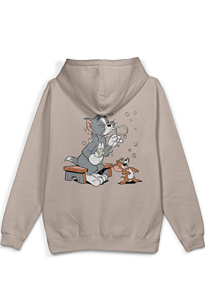 Overoz Cat Back Printed Hooded Half Oversized Sweatshirt Stone Color Hoodie 1379