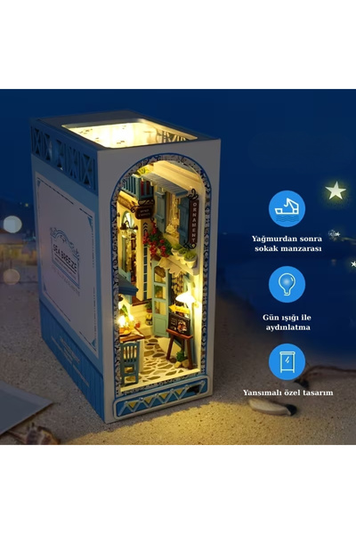 WoodenThings Sea Breeze Book Nook Minyatür Model – LED Işıklı Akdeniz Sokak T...