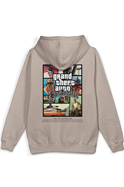 Overoz Gta San Andreas Sırt Printed Hooded Yarı Oversized Sweatshirt Stone Co...