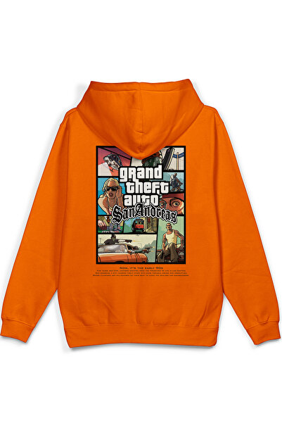 Overoz Gta San Andreas Sırt Printed Hooded Yarı Oversized Sweatshirt Orange H...