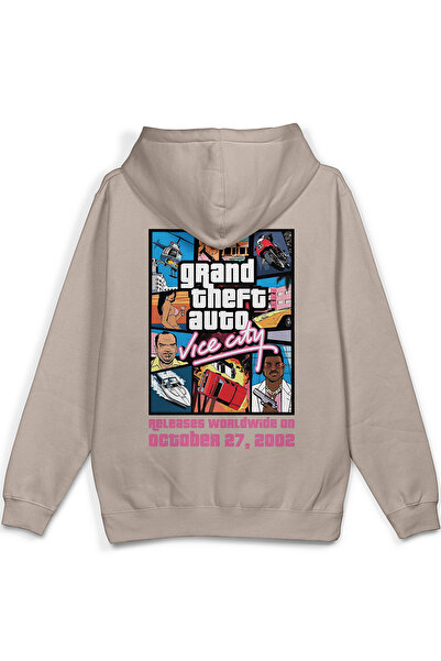Overoz Gta Vice City Sırt Printed Hooded Yarı Oversized Sweatshirt Stone Colo...