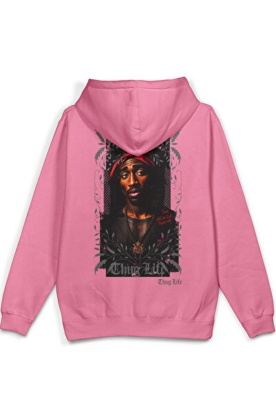 Overoz سويت شيرت TuPac 2pac Back مطبوع بغطاء رأس نصف أوفر سايز باللون الوردي ...